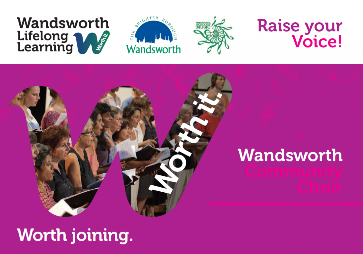 A vibrant poster for the Wandsworth Voice Choir, a community choir that will make you feel good.