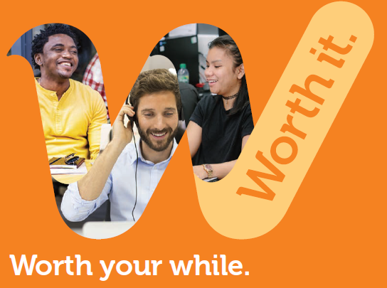 An orange background with people on the phone and the words'worth your while'.