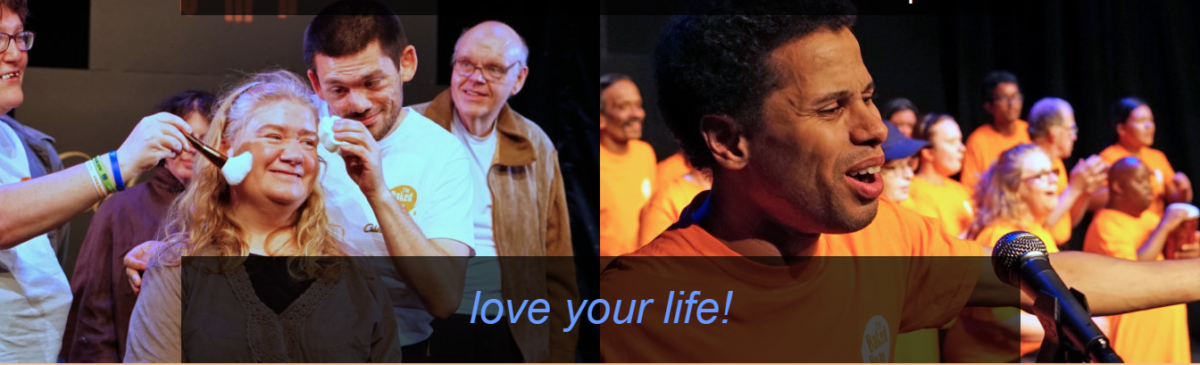 A group of people in orange shirts with the words love your life, engaging in a fun Challenge.