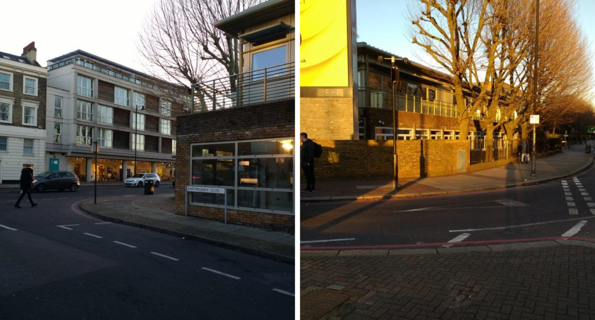 Two pictures of a street with the Gwynneth Morgan Centre building in the background.