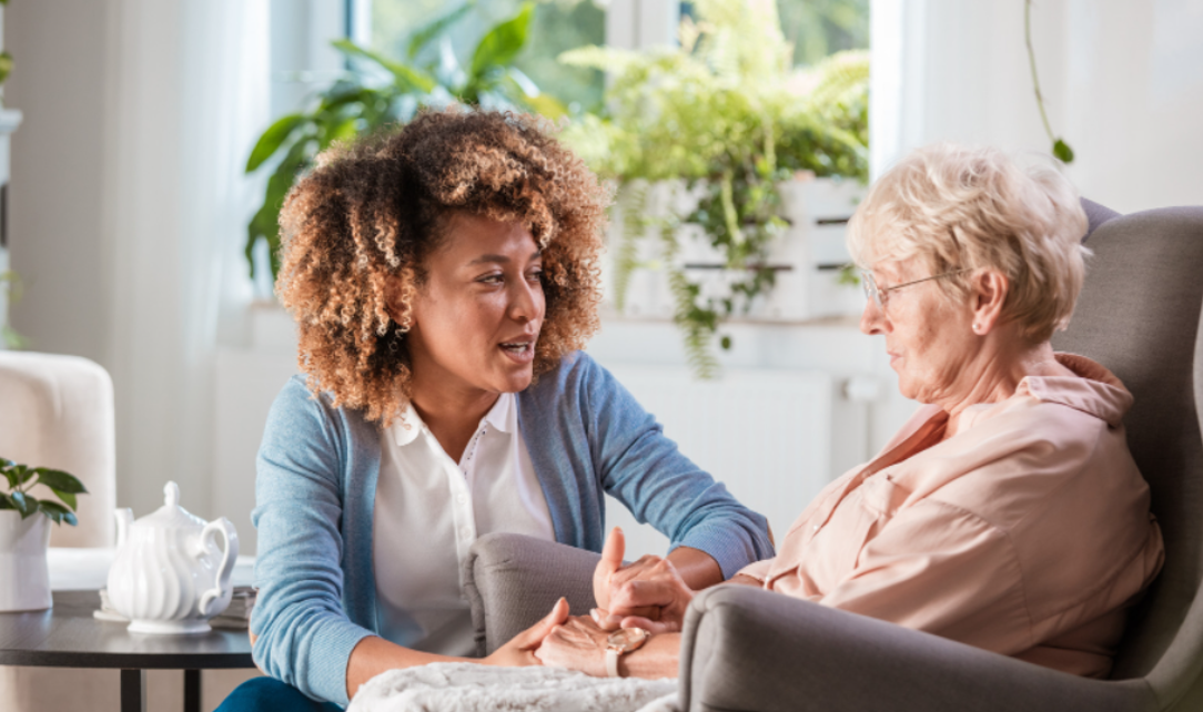 A woman engaging in social care, conversing with an older woman in a chair.